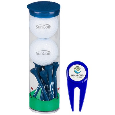 Wilson Ultra 2-Ball Golf Tube with a divot tool and 10 wooden tees